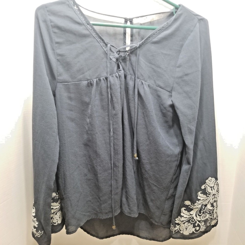 Women Blouse Navy Blue Size L Jolt Embroidered Flare Sleeve V Neck Top